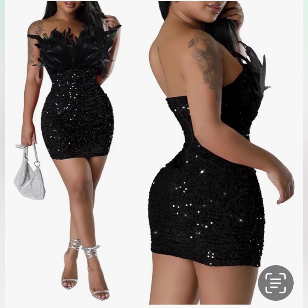NWT DOSE black velvet/sequin/feather strapless mini party/club dress size L.